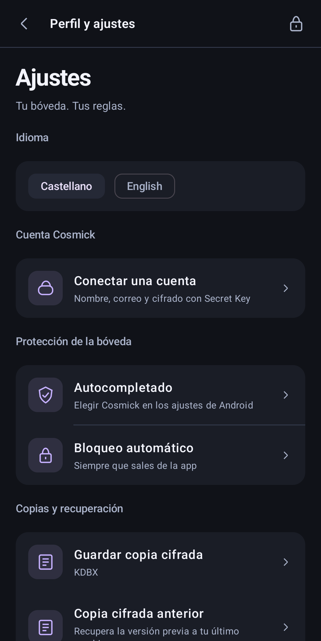 Perfil y ajustes de Cosmick